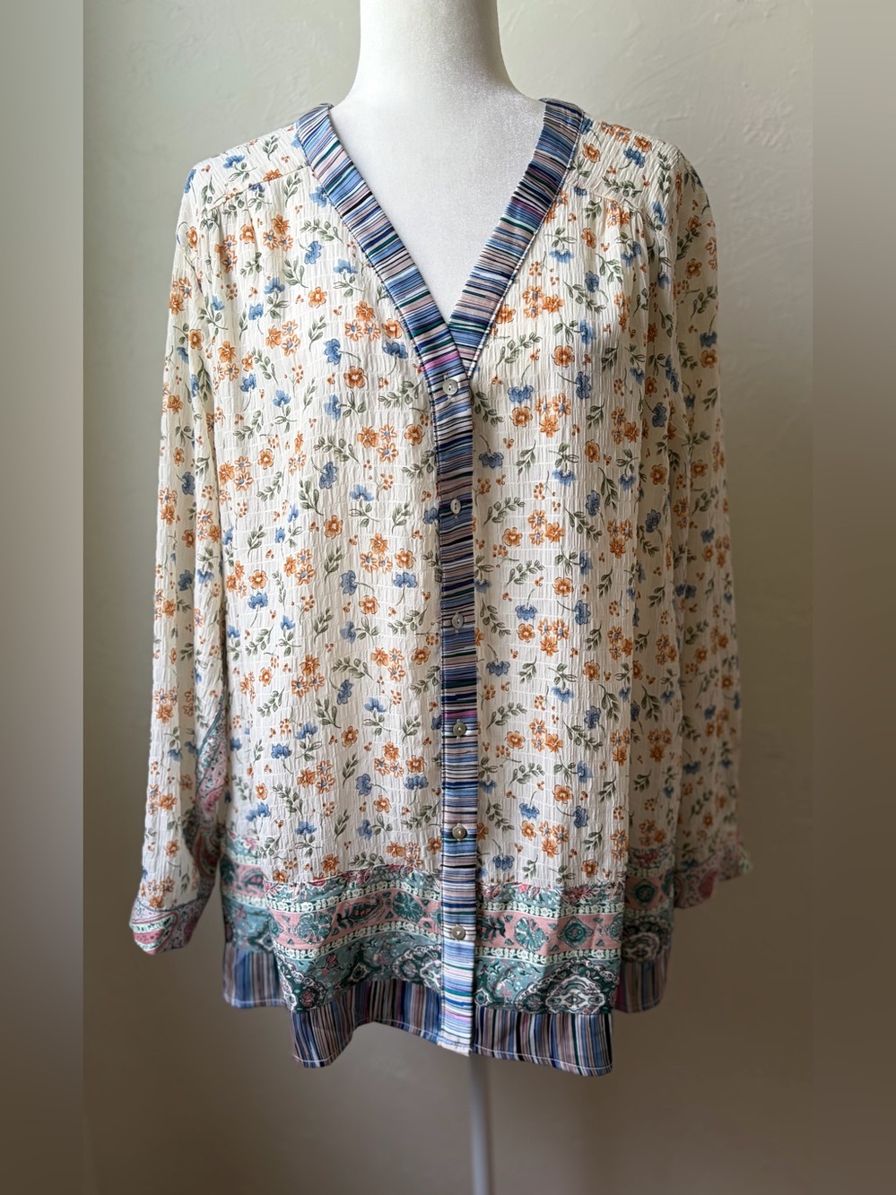 Easel Cream Floral Paisley Oversized Fit Boho Blouse Small